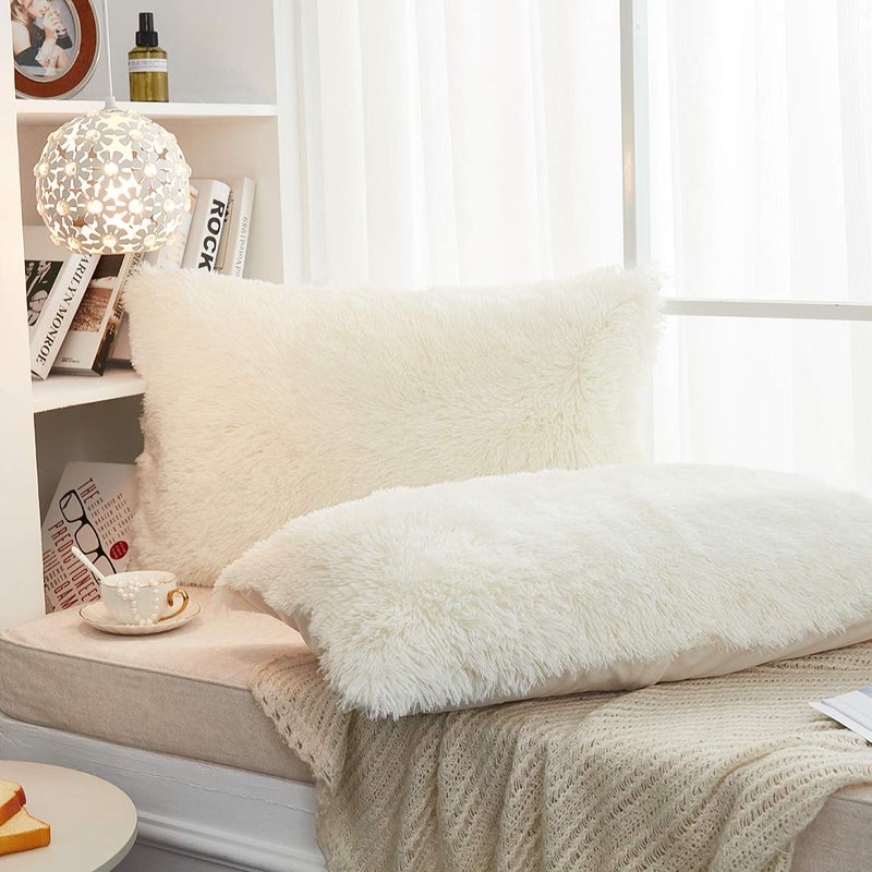JAUXIO Long Faux Fur Soft Soild Decorative Pillowcase Oblong Fluffy Throw Pillow Cover Velvet Shaggy Plush Cushion Case Set of 2 Zipper Closure King Size (20X36 Inches Cream) - Image 2